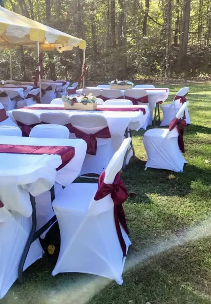 Outdoor event setup with decorated tables and chairs in a lush green setting.
