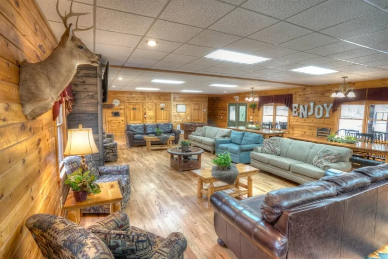 Deer Crossing Lodge Great Room with Deer Head near Helen, GA