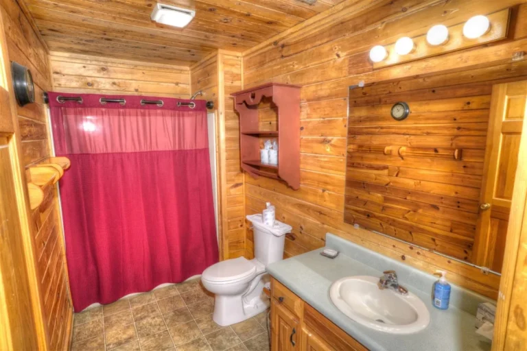Deer Crossing Lodge Red Shower Curtain near Helen, GA