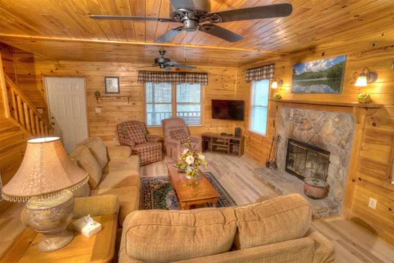 Forest Haven Cabin Living Room with Fireplace and Ceiling Fans near Helen, GA