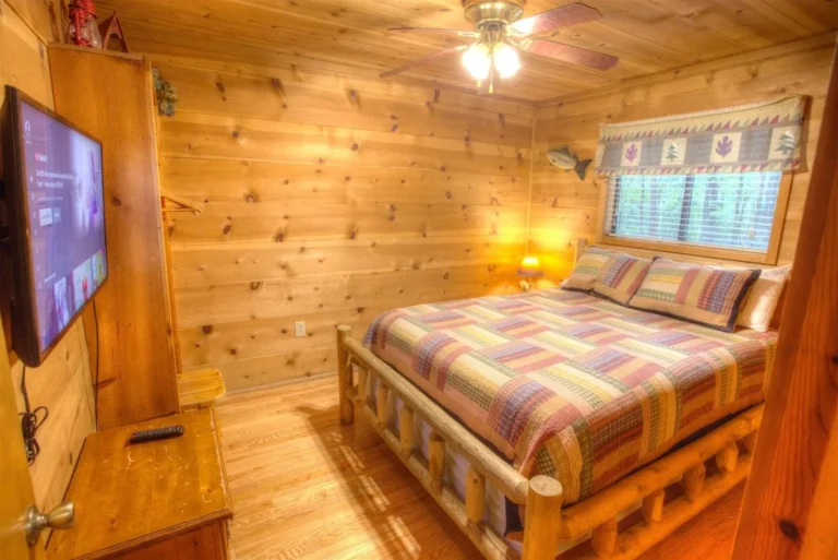 Fox Ridge Cabin Bedroom with Flat Screen TV near Helen, GA