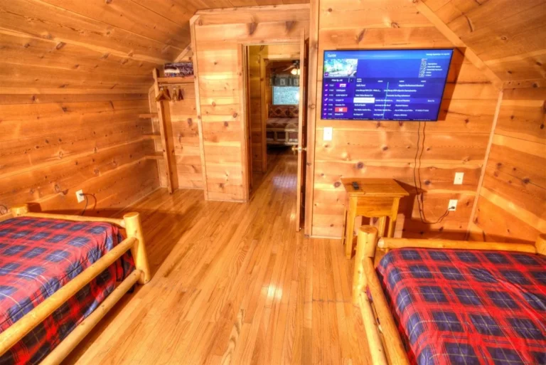 Fox Ridge Cabin Twin Beds with Mounted TV near Helen, GA