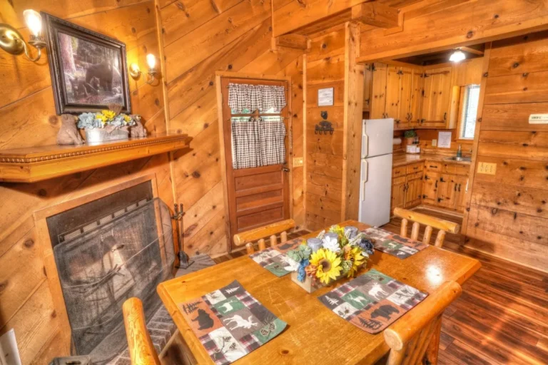 Three Bears Cabin Dining Area Fireplace in Sautee Nacoochee, GA